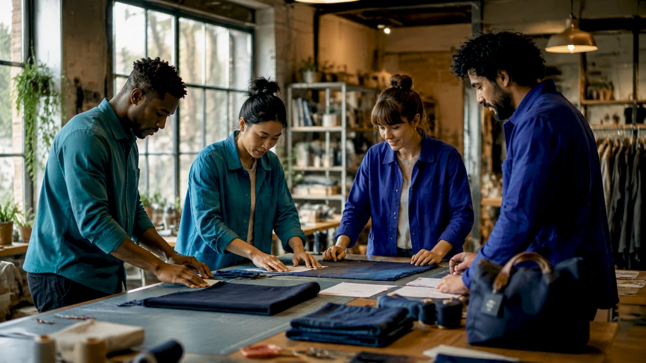 Group of apparel workers collaborating in workshop