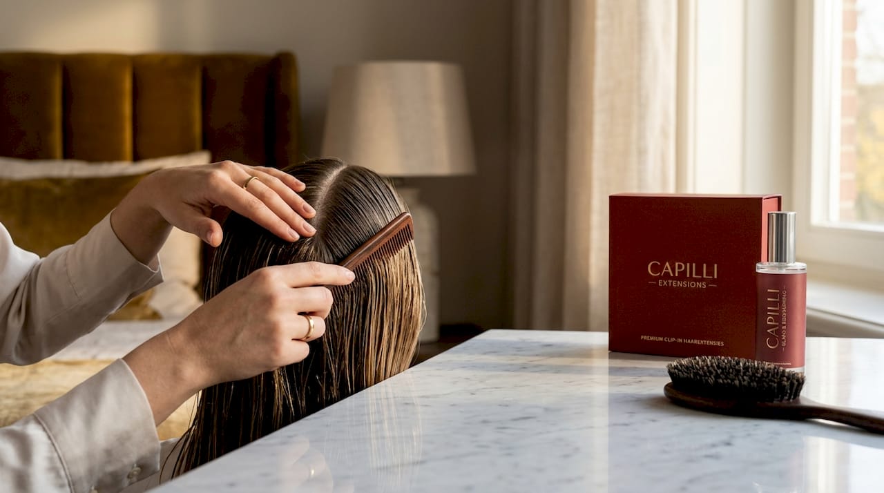 With her hands, she parts her hair as if using a comb.