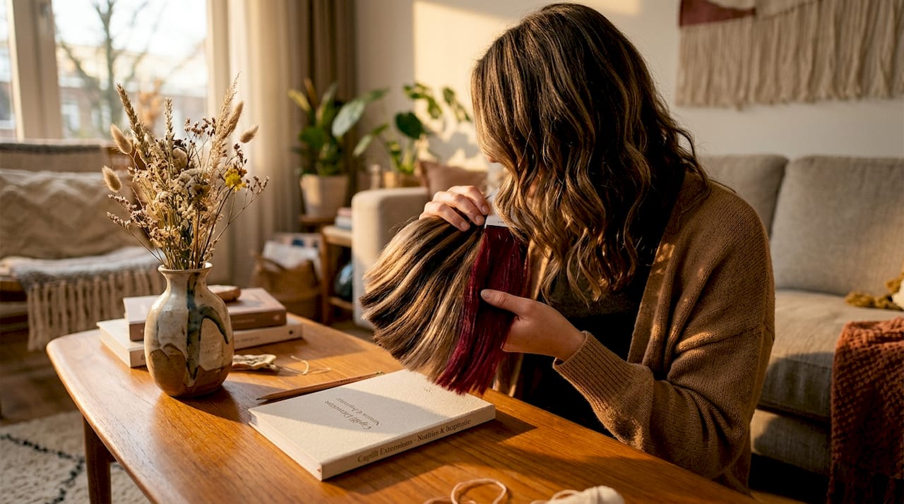 Woman checking if her hair color matches extensions with different shades