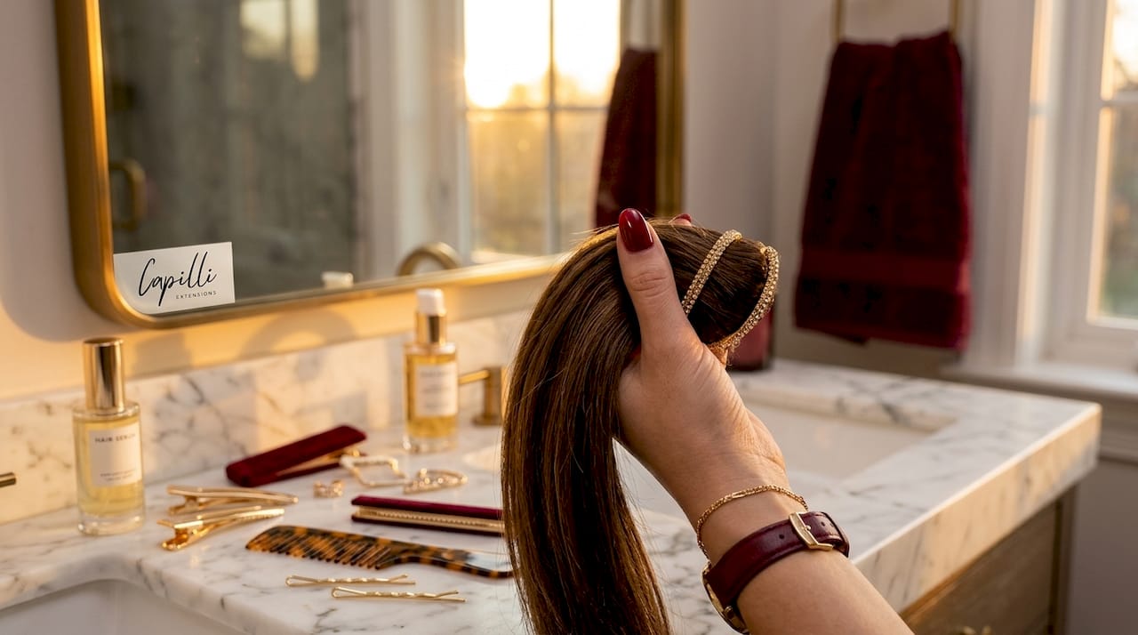 A gold-colored hair accessory is wrapped by hand around a ponytail.