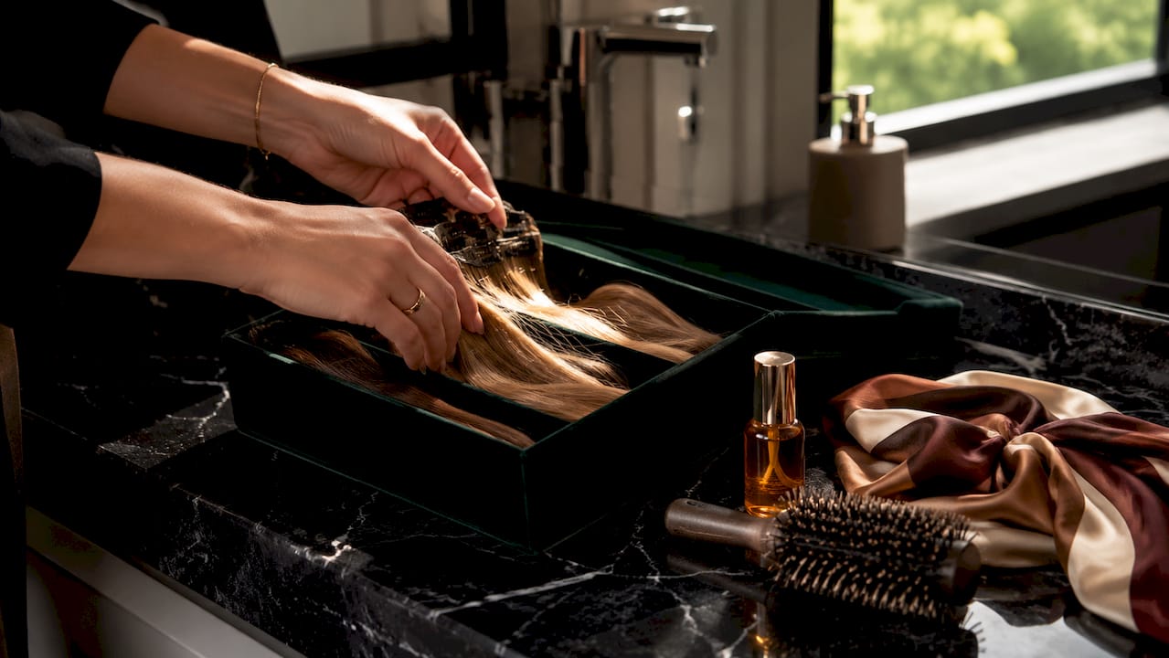 Clip-in extensions are carefully stored in a satin pouch.