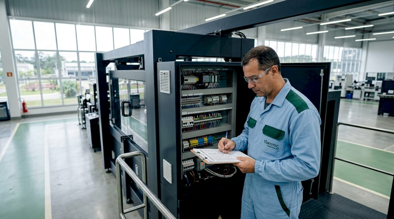 Profissional realizando a checagem de um painel elétrico em ambiente industrial