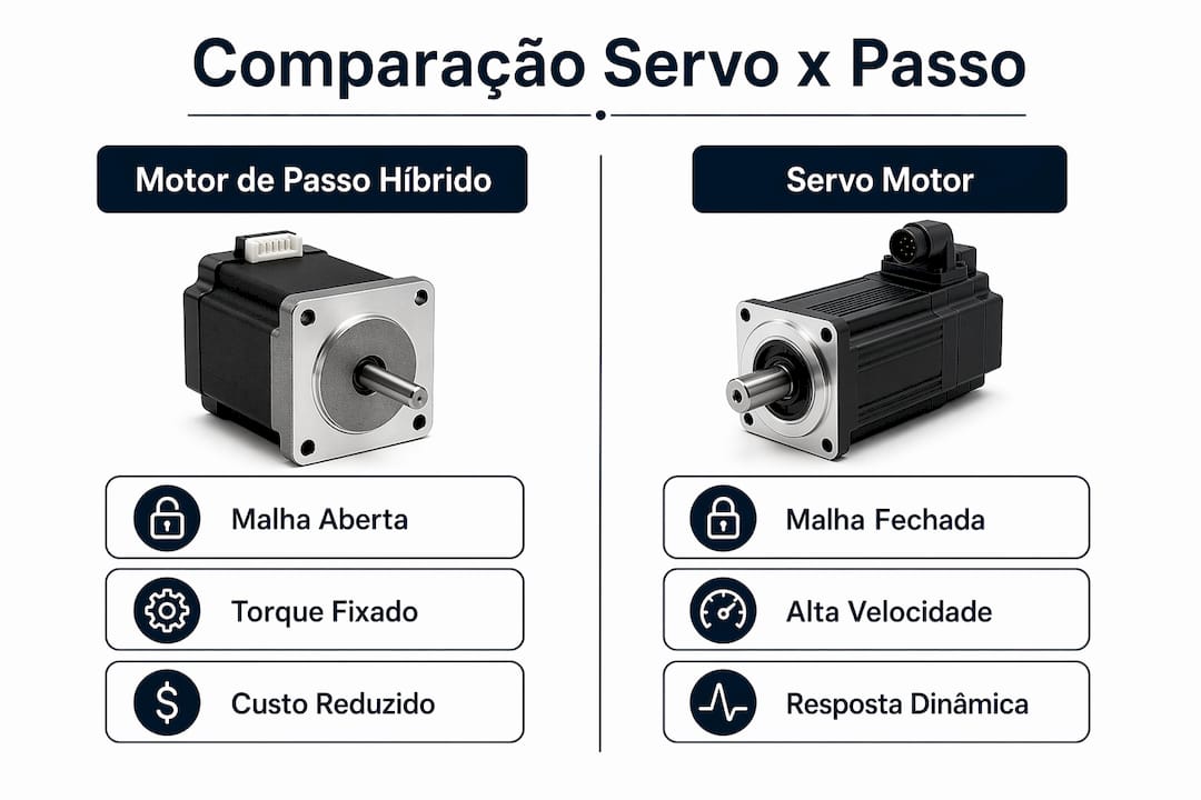Infográfico: comparação entre motor de passo híbrido e servo motor