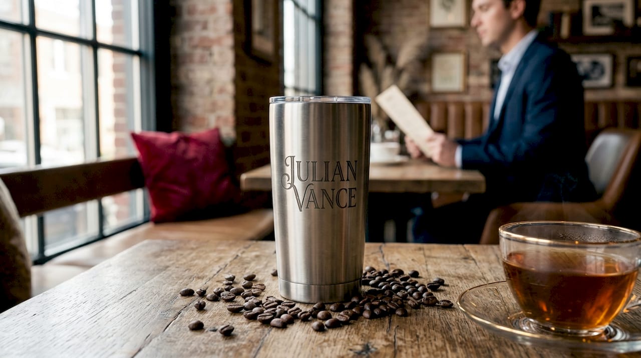 Close up engraved stainless steel tumbler on wooden board