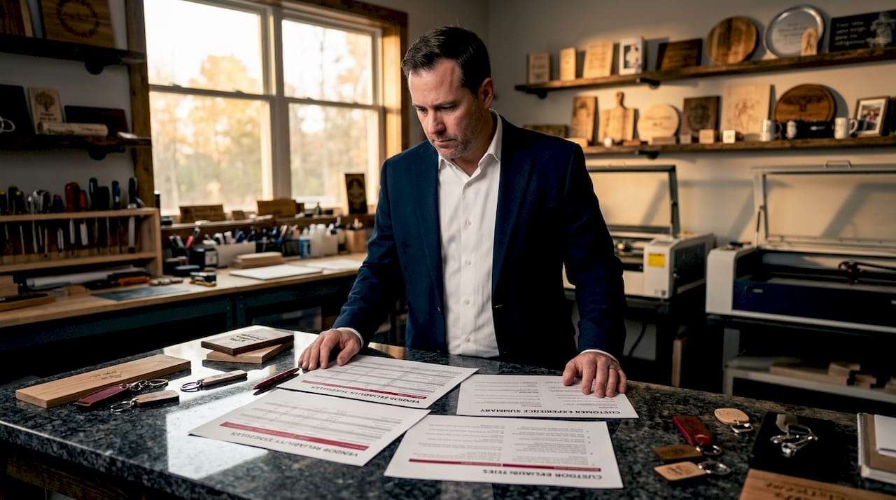 Business owner reviewing reliable vendors for gifts