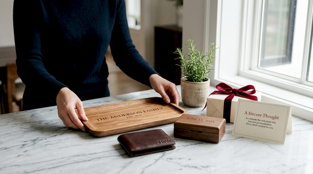 Hands arranging engraved personalized gifts on countertop
