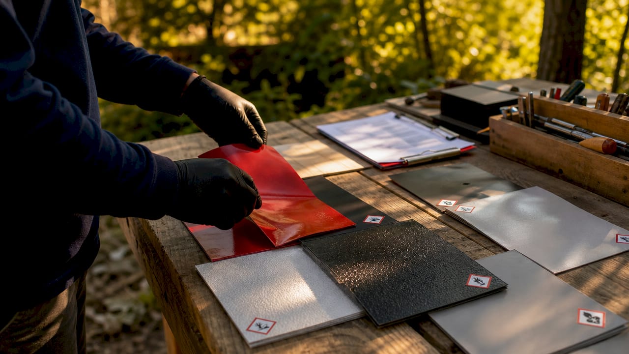 Hands holding vinyl sample beside hazardous craft materials