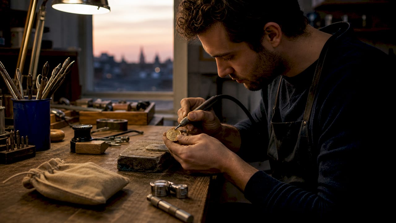 Jeweler polishing engraved gold pendant