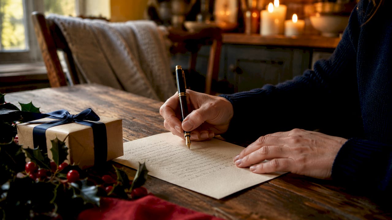 Hands writing a personalized holiday gift note