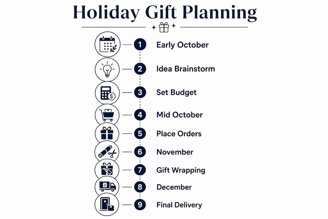 Infographic showing holiday gift planning timeline steps