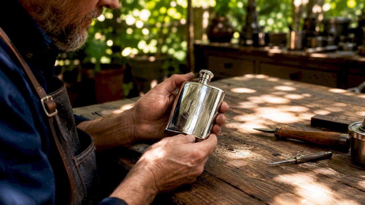Hands holding engraved wedding flask in workshop