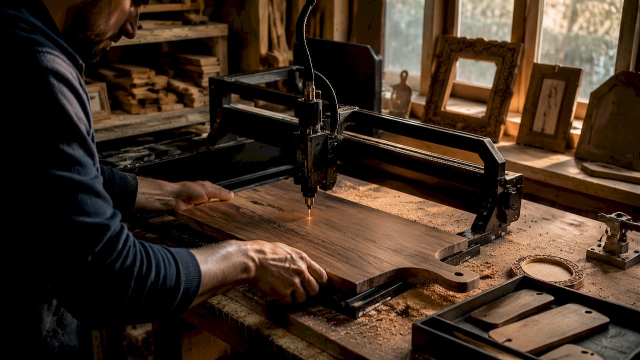 Hands positioning wooden board in laser engraver