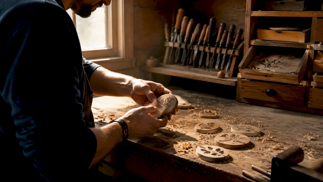 Hands arranging engraved wooden ornaments on workbench