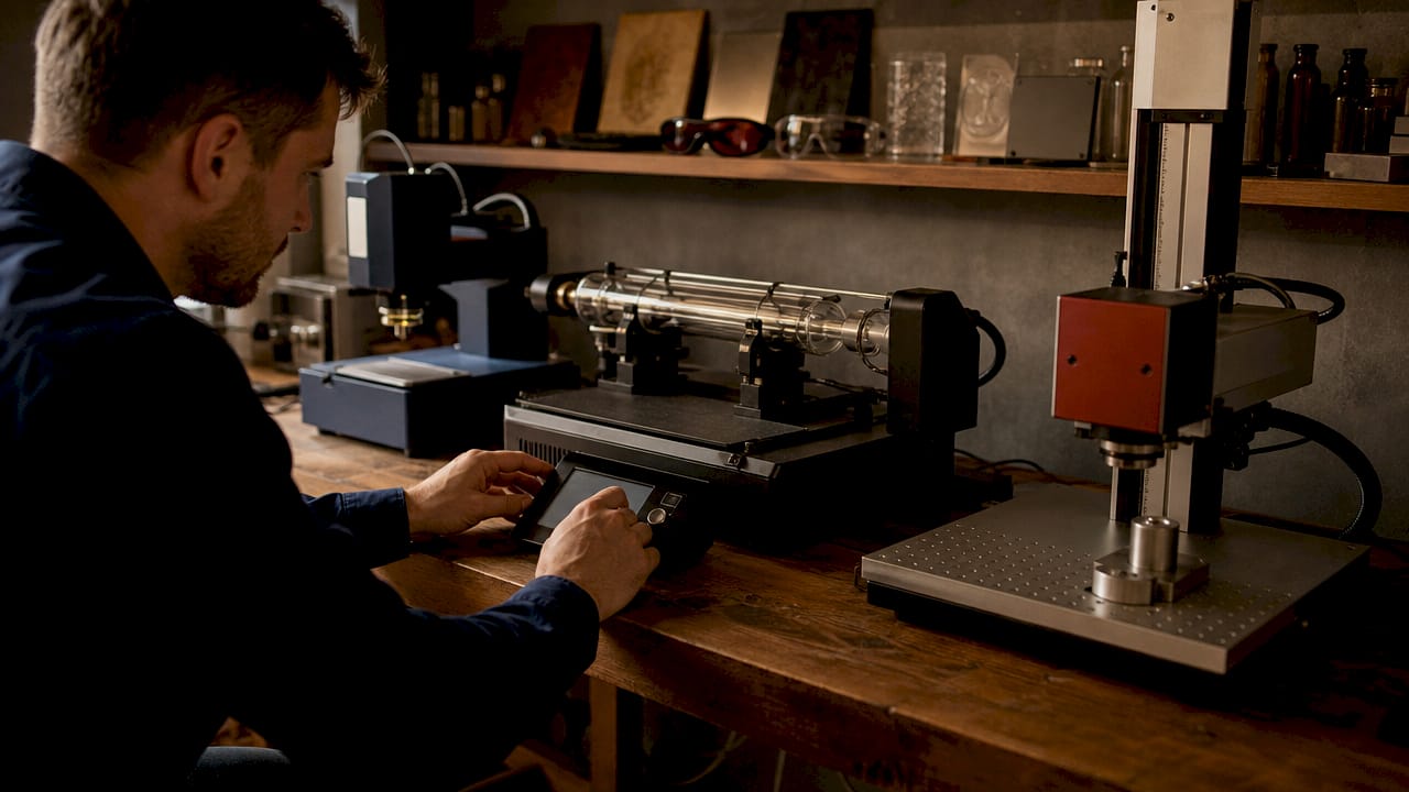 Technician adjusting different laser engraving machines