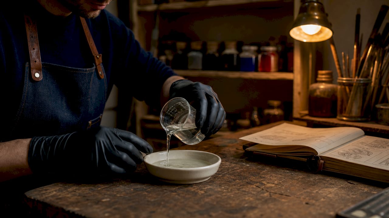 Gloved hand holding acid for etching process