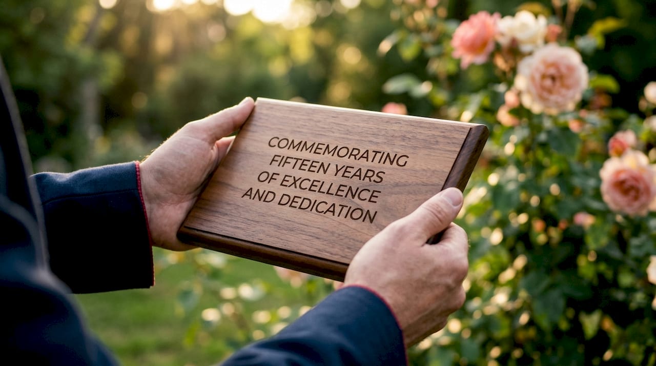 Close-up of sans serif engraved wooden plaque