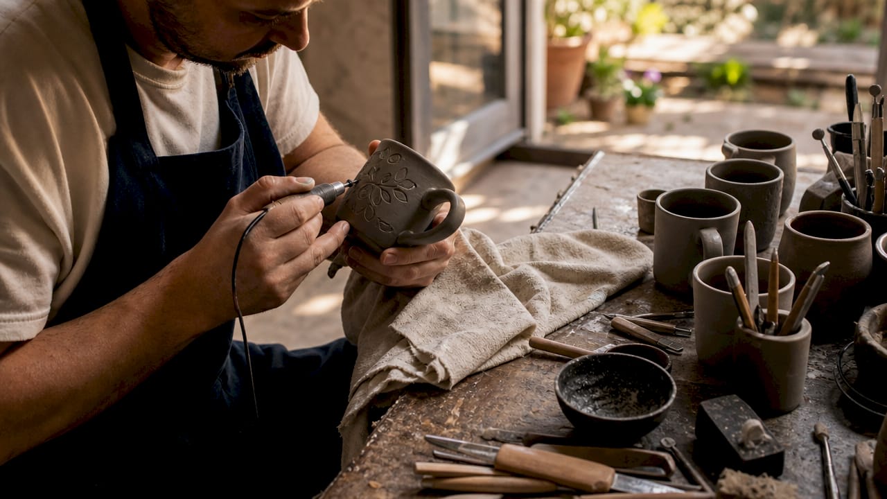 Craftsman's hands engraving personalized ceramic mug