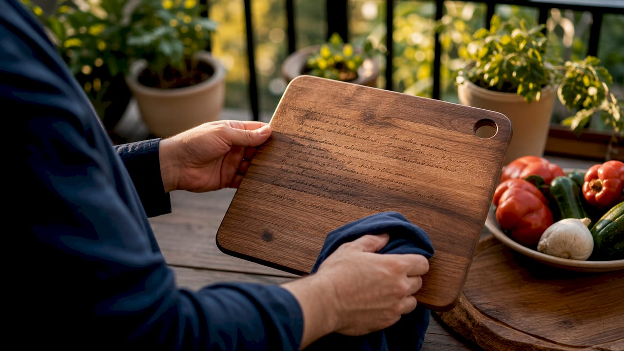 Hands holding engraved recipe board