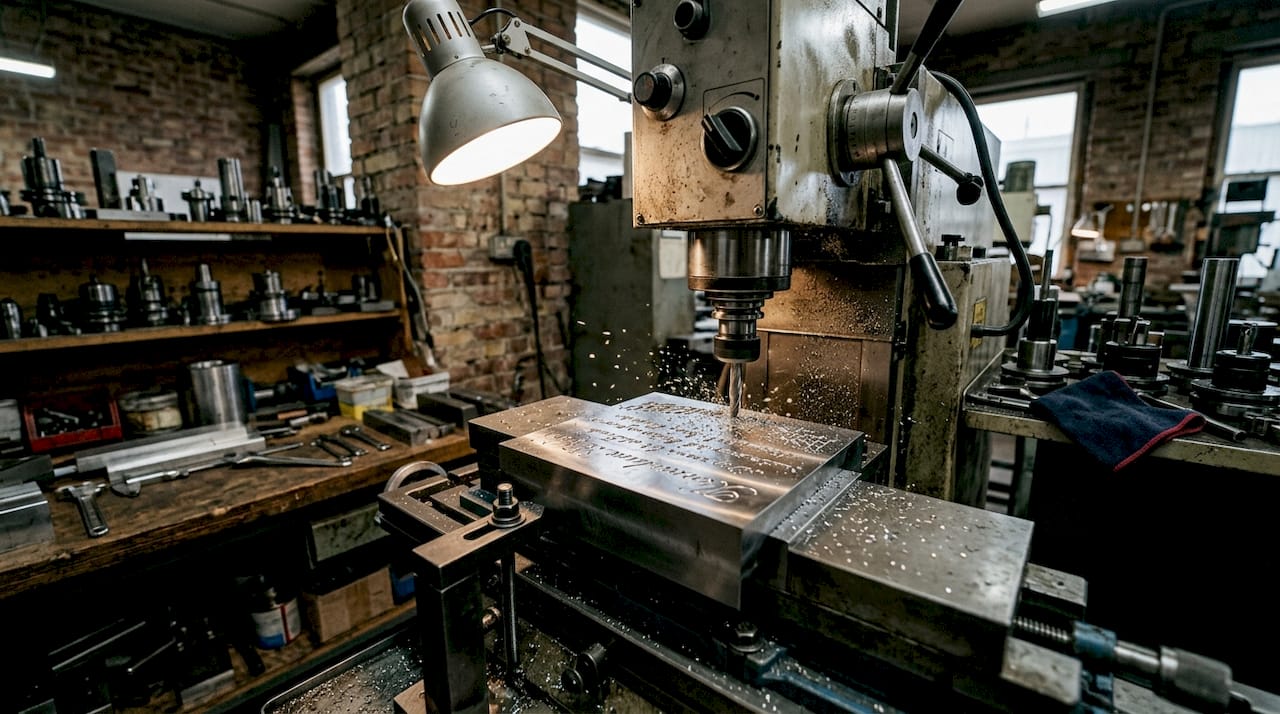 Close-up of CNC milling machine engraving steel tool
