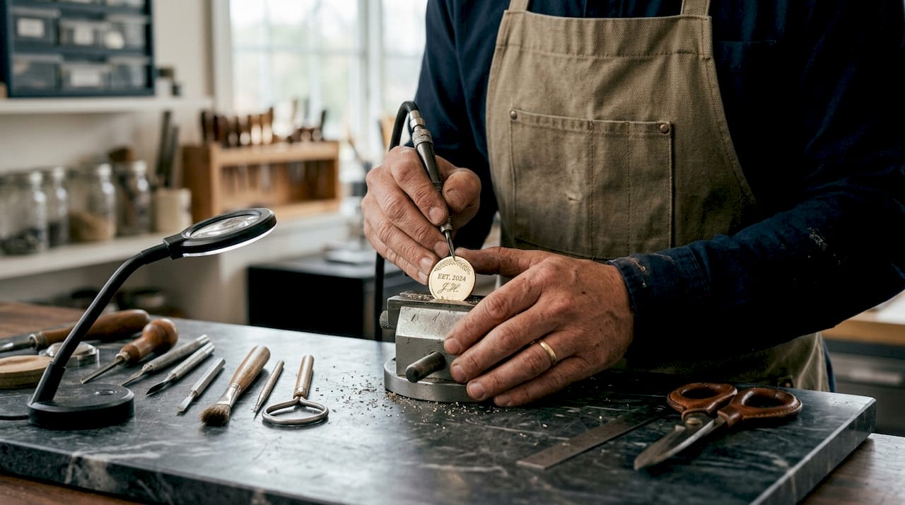 Hands engraving personalized golf ball marker