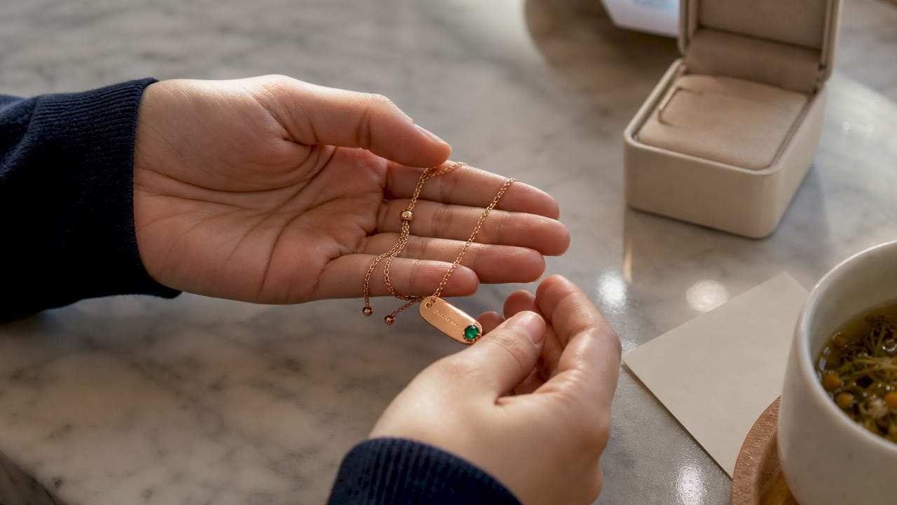 Close-up of hands holding personalized medical jewelry