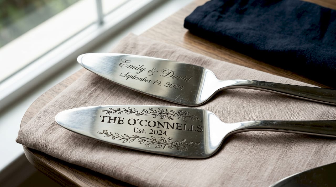 Close-up of engraved wedding cake servers showing font styles