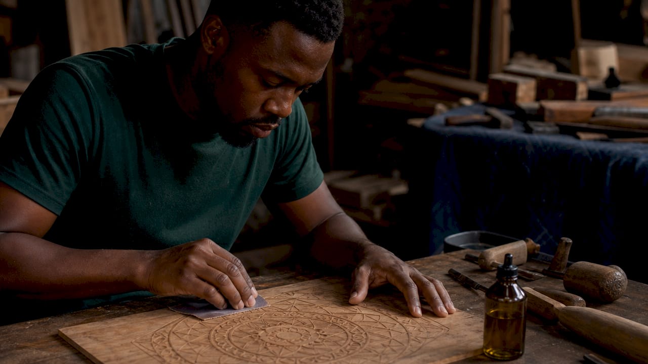 Hands sanding laser engraved wood with grit paper