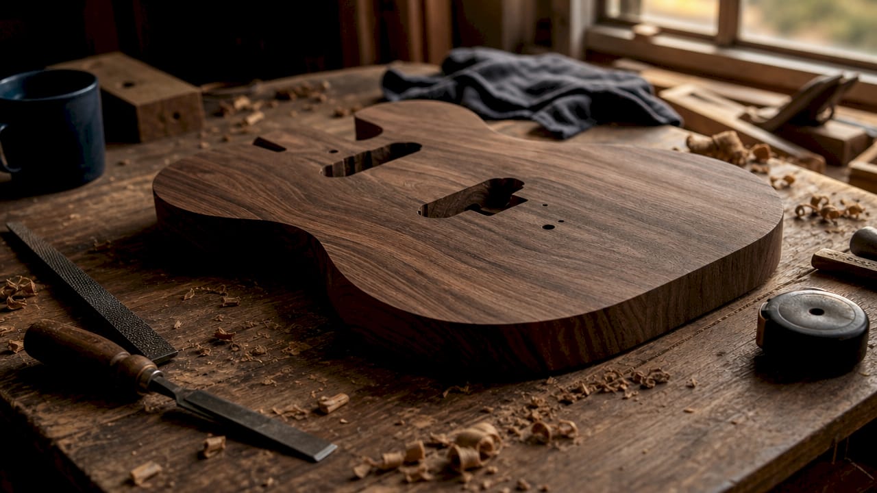 Black walnut guitar body wood blank with carving tools