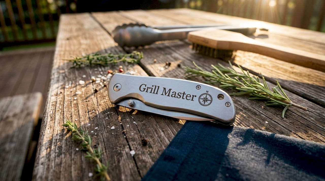 Engraved pocket knife handle with name and symbol