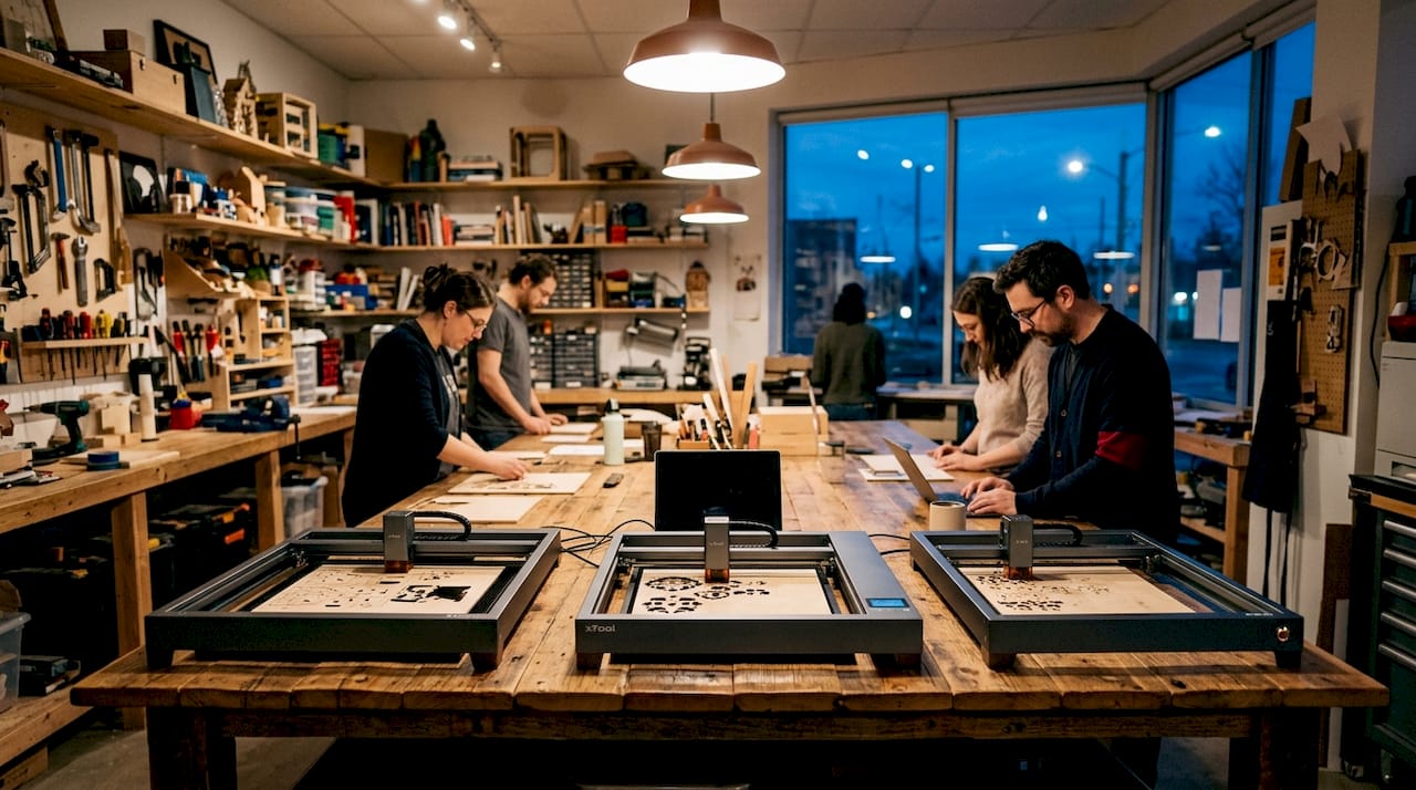 Overhead view of laser cutters and cut plywood sheets