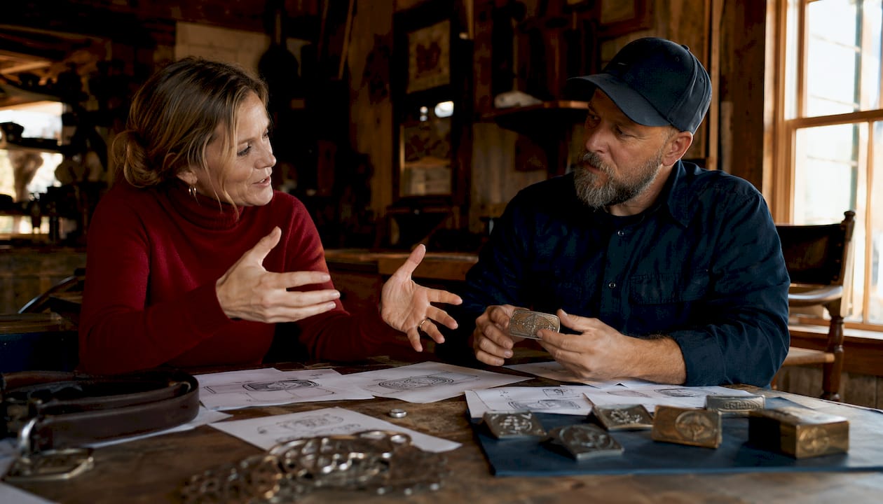 Customer and artisan discussing custom buckle design