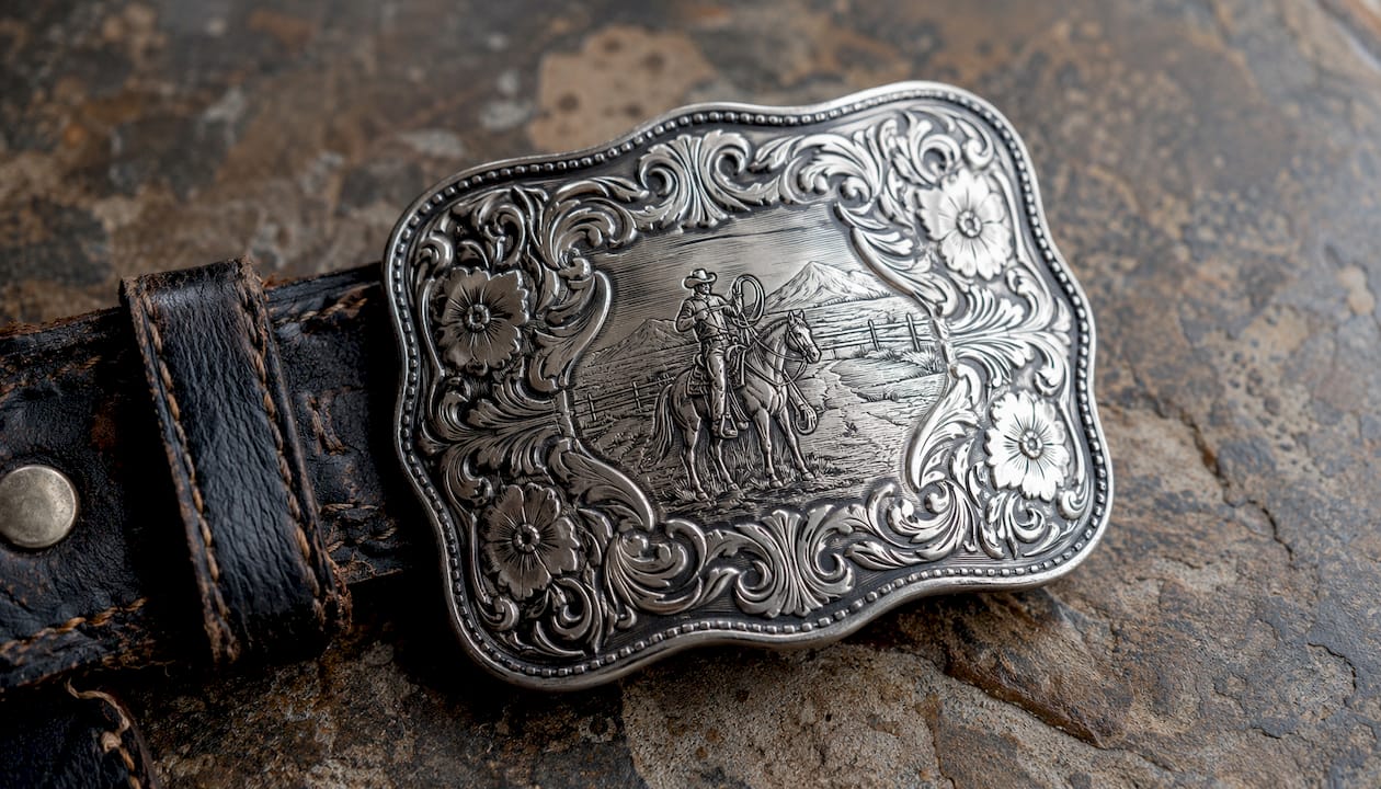 Close-up of detailed German silver western belt buckle