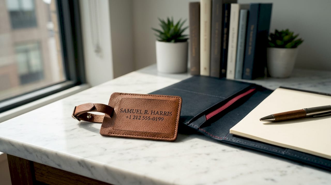 Close-up of engraved leather luggage tag on table