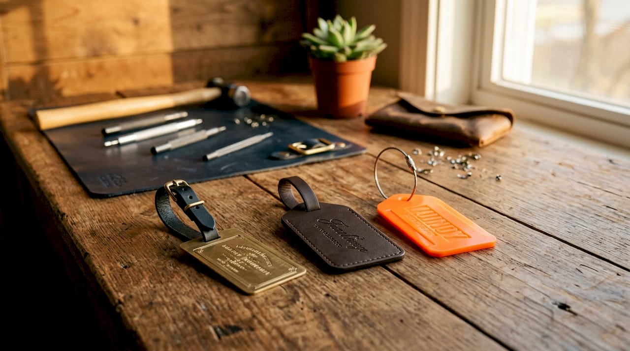 Three engraved luggage tags made of different materials side by side