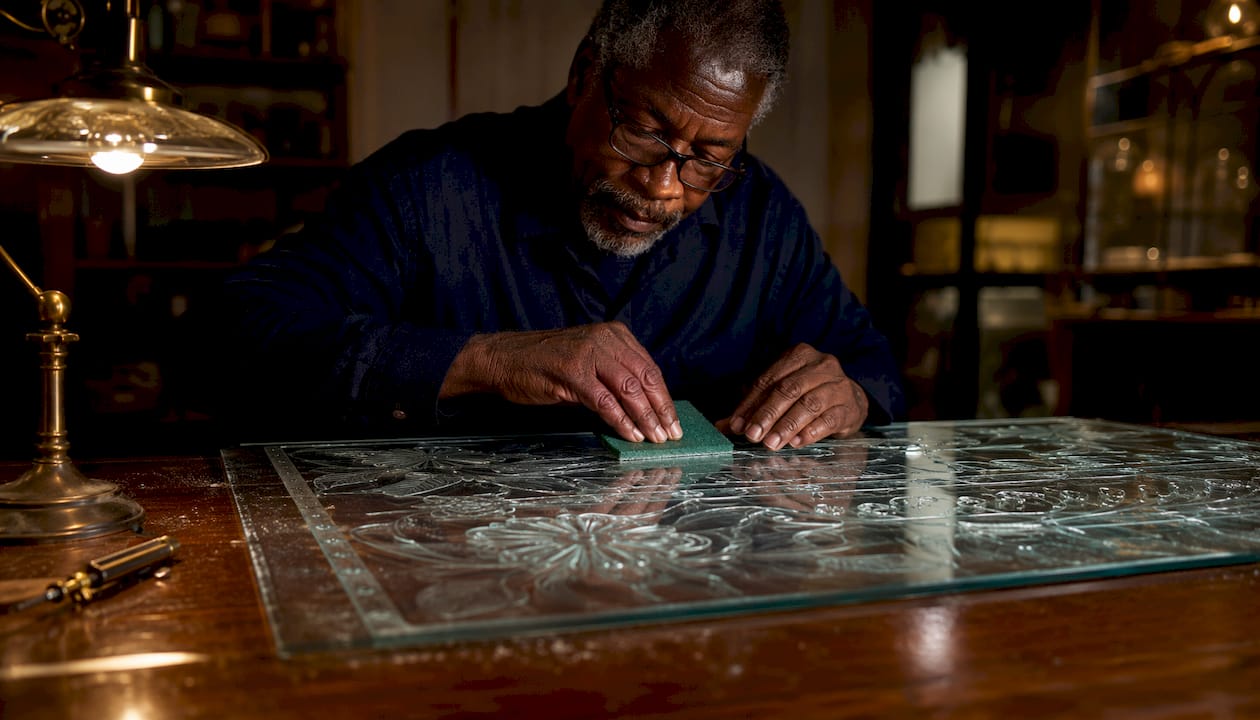 Craftsman polishing edges of laser-engraved glass