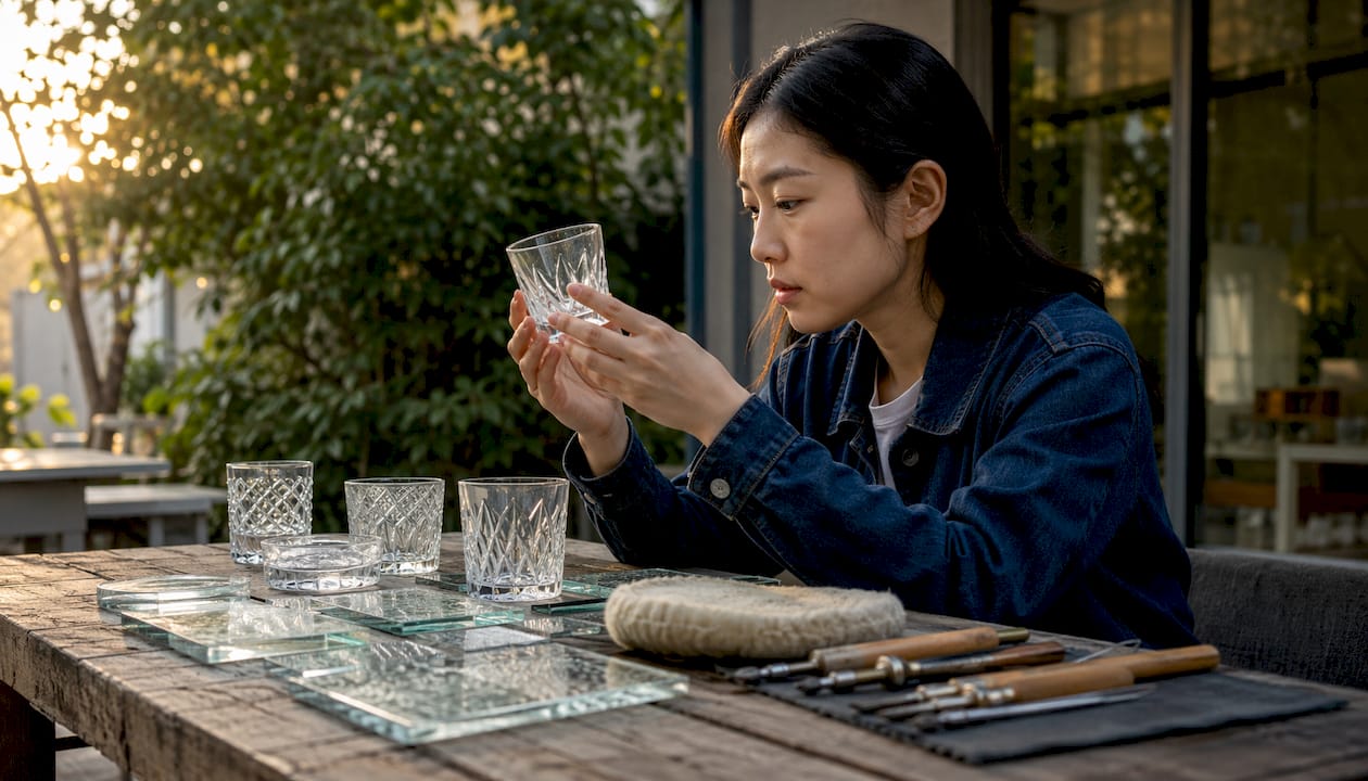 Young woman examining different types of engraved glass