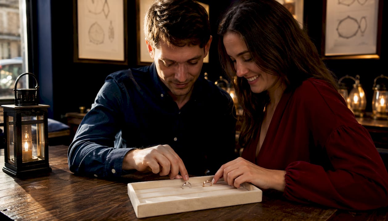 Couple selecting custom promise rings