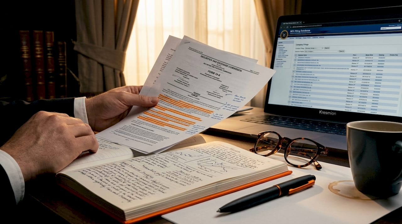 Hands reviewing SEC primary filings with notes