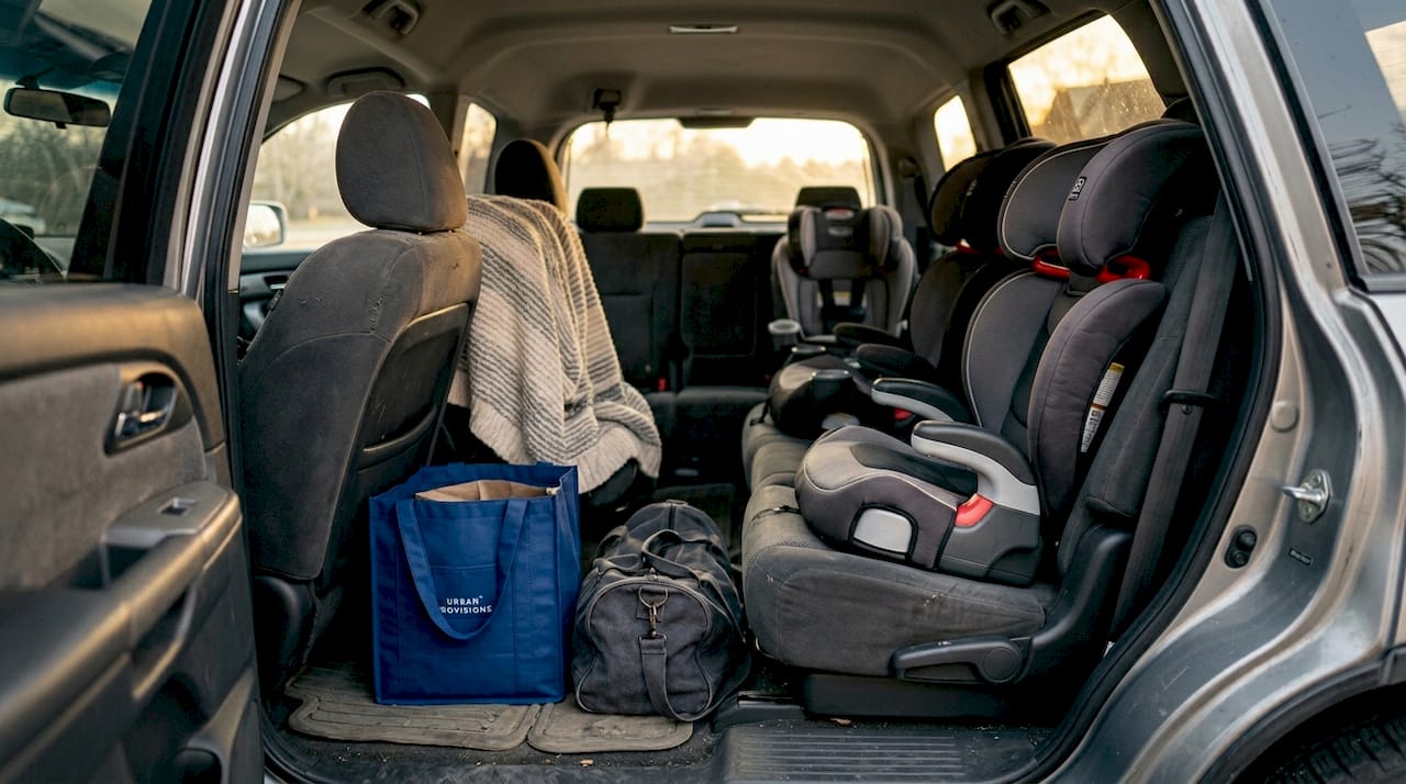 Used family SUV interior with three-row seating