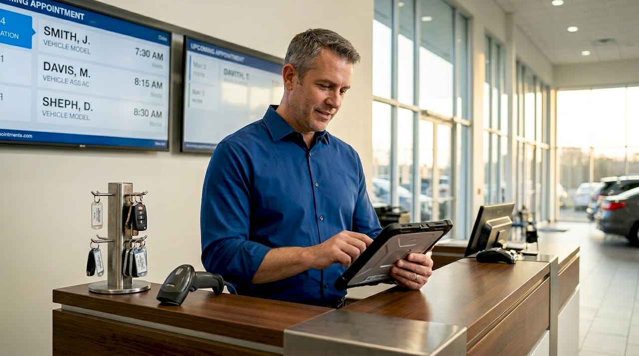 Service advisor using tablet to check in vehicle