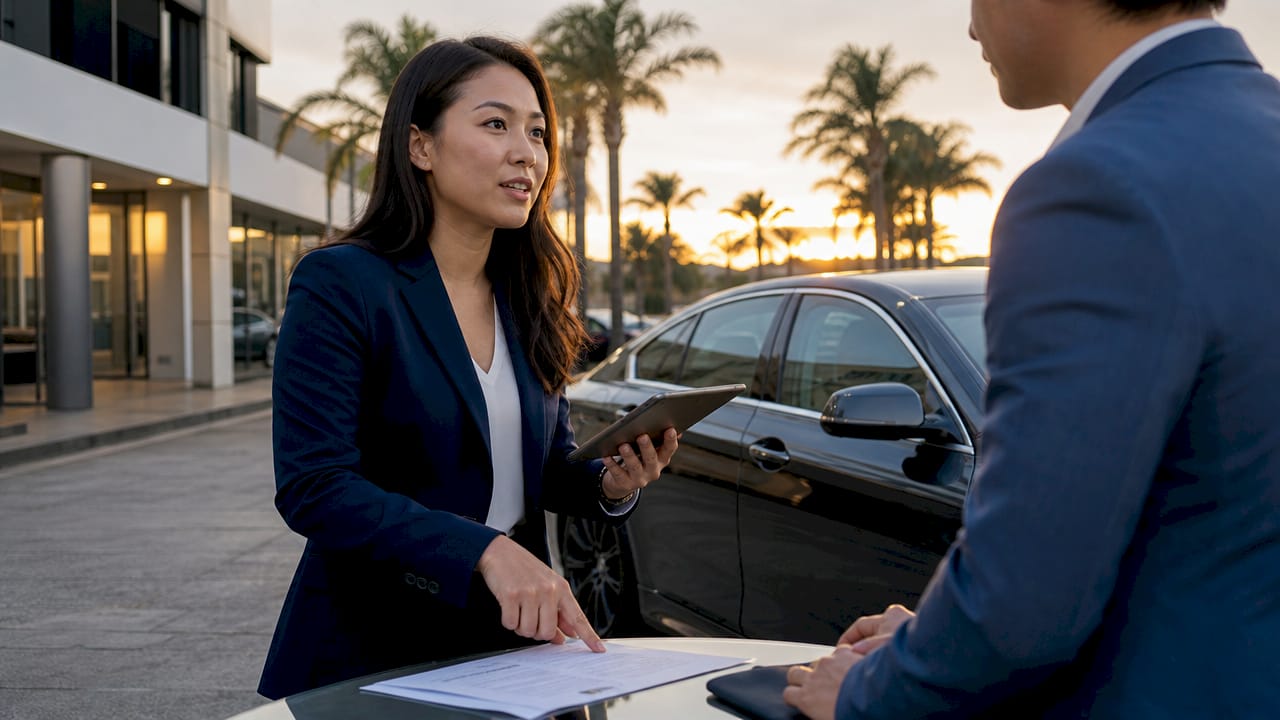 Woman negotiating luxury car deal on phone