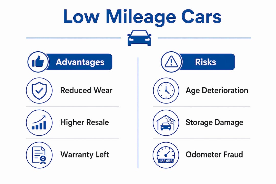 Infographic comparing advantages and risks of low mileage cars