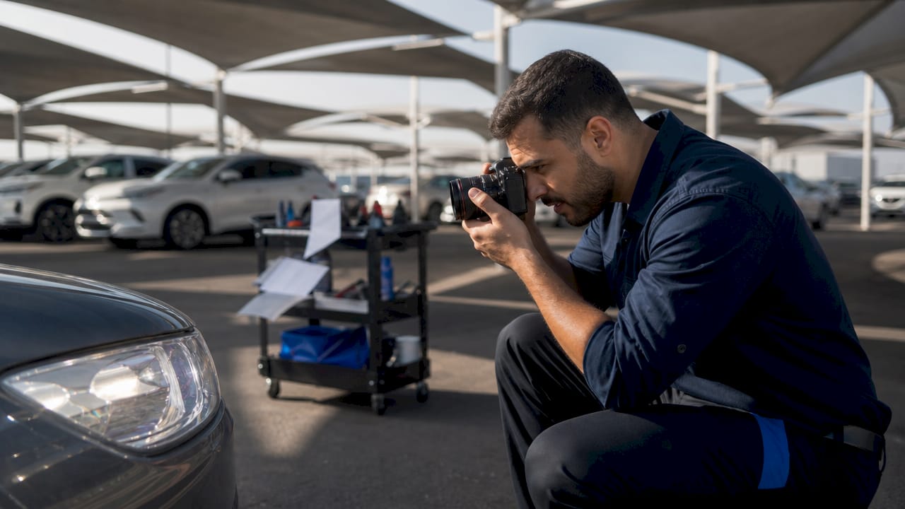 Technician photographing vehicle headlight in garage