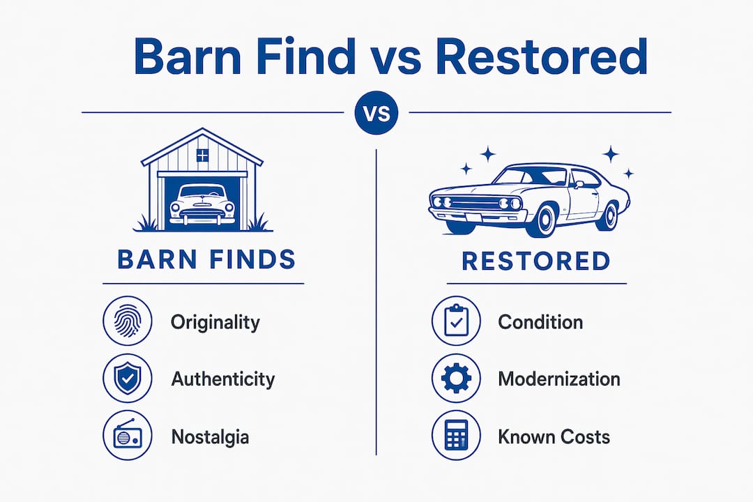 Comparative infographic of barn find versus restored car markets