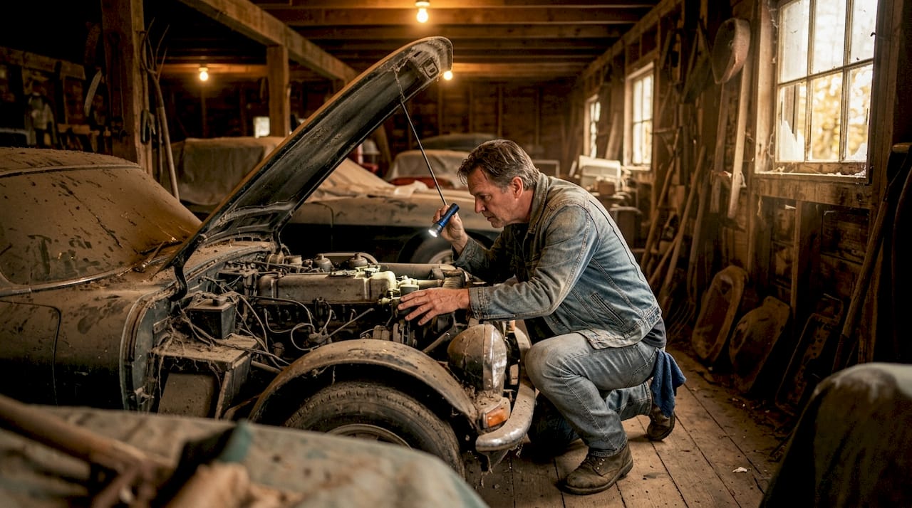Hands inspecting vintage car engine closely