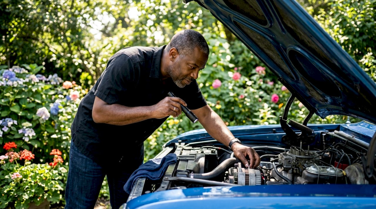 Collector inspecting exotic car engine closely