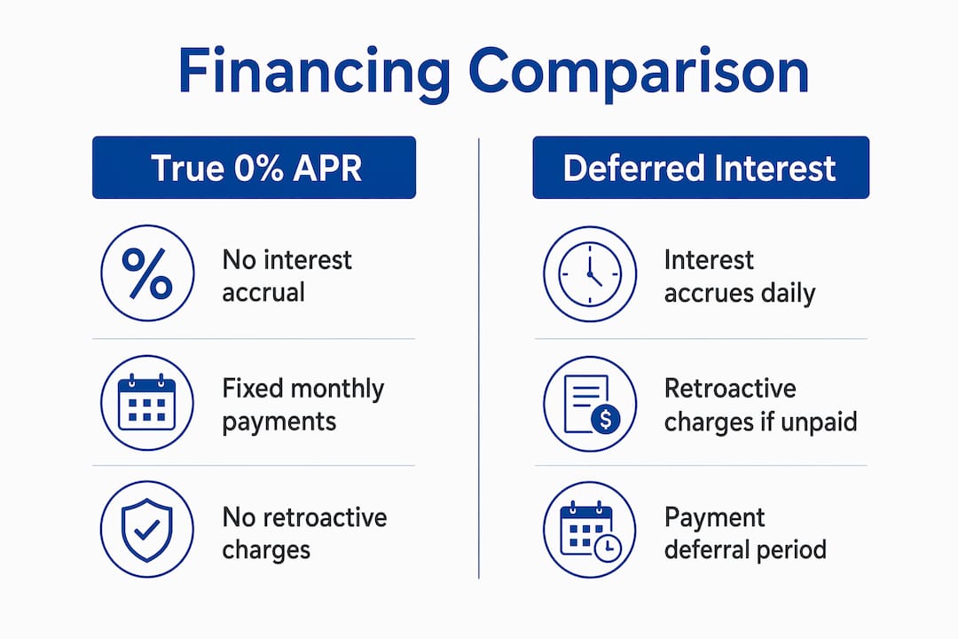 Infographic comparing deferred interest and zero percent auto financing