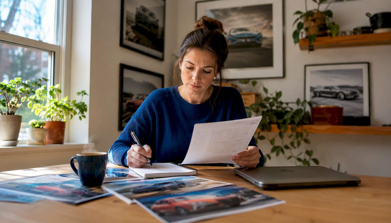 Woman analyzing car history report at desk