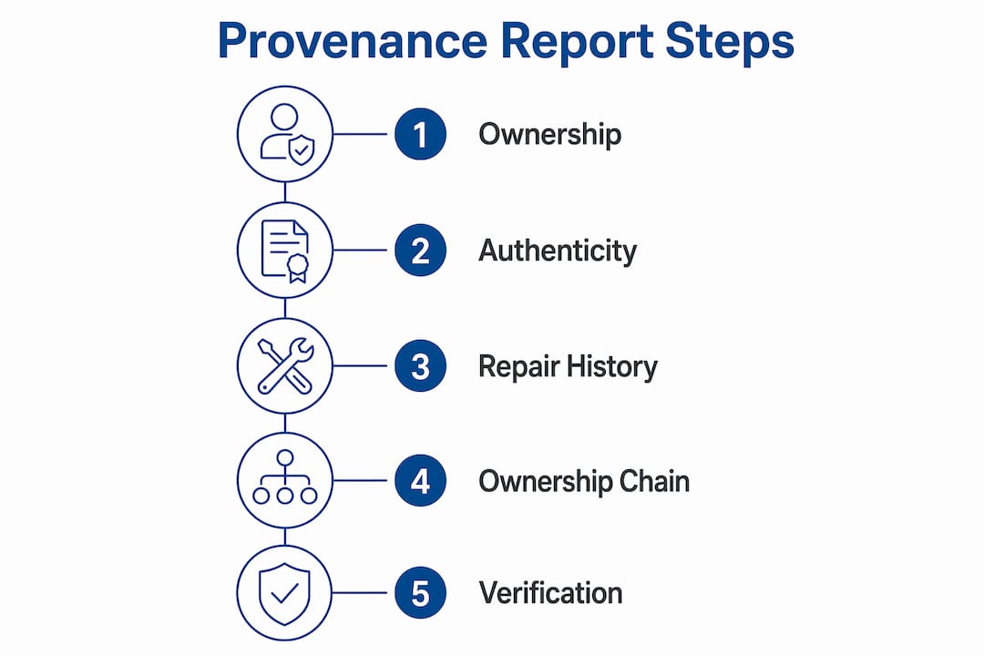 Infographic illustrating key steps in vehicle provenance report