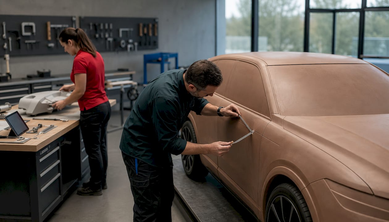 Engineer measuring clay prototype panel gaps